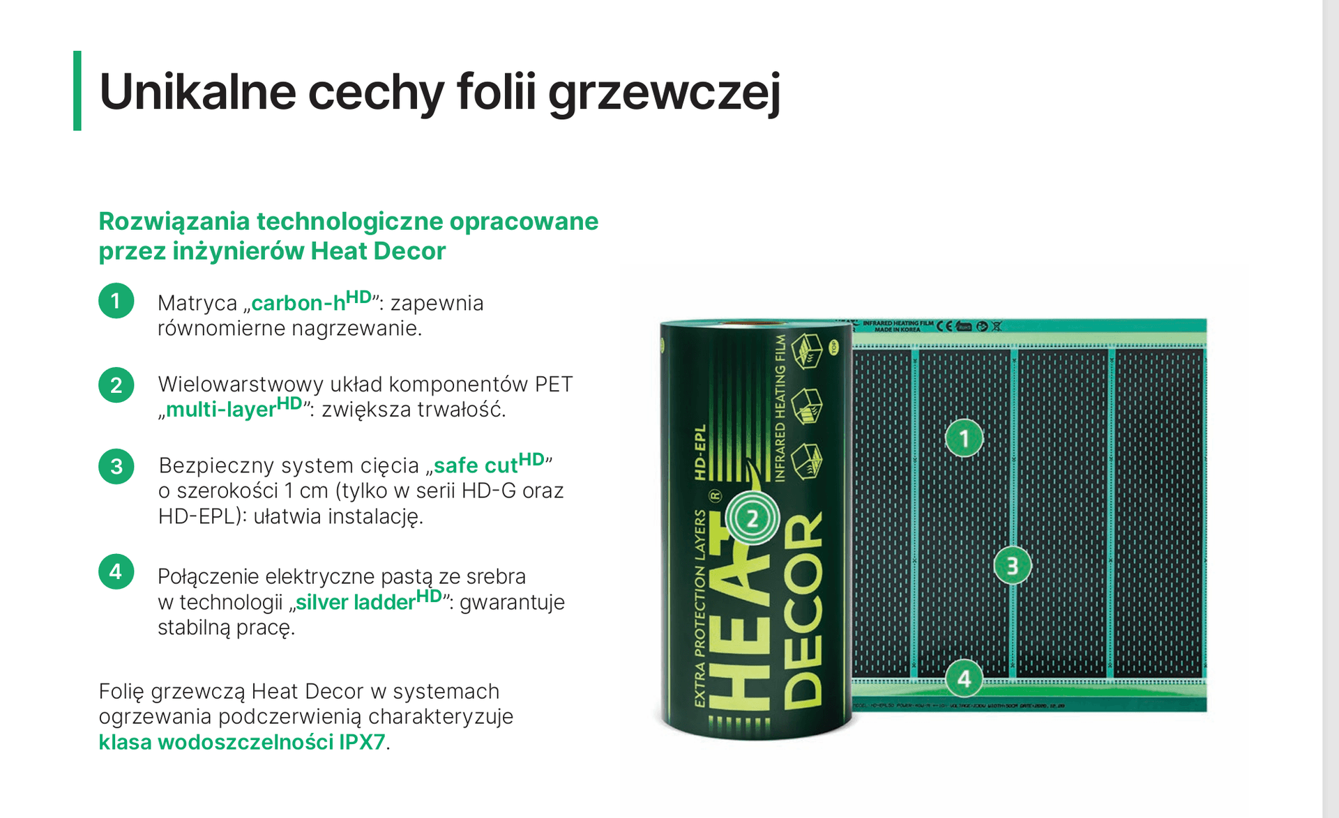 Unikalne cechy folii grzewczej HEAT DECOR — carbon-h, multi-layer, safe cut, silver ladder